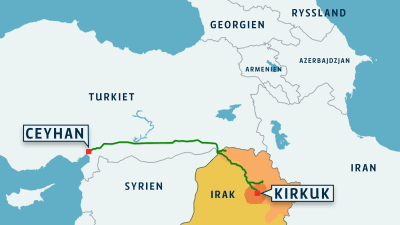 Karta över Mellanöstern med oljeledning från Irakiska Kurdistan till Turkiet.