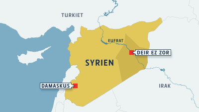 En karta över Syrien, med städerna Damaskus och Deir ez-Zor markerade.