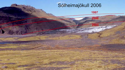 Här ser man hur Sólheimajökull har minskat på höjden