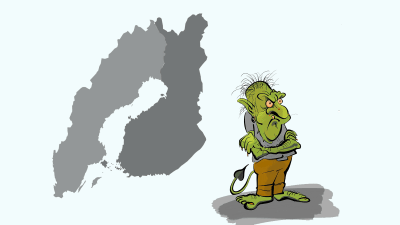 Illustration av internettroll och Sveriges och Finlands karta i bakgrunden.