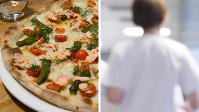 pizza till vänster, sjukvårdspersonal till höger