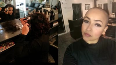 Till vänster en bild där Davini sitter i en stol i sin frisörsalong och rakar av sitt hår.  Till höger en bild där hon tittar in i kameran, utan hår på huvudet. 