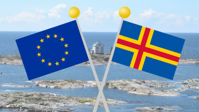 EU-flaggan och Ålands flagga med åländska vyer i bakgrunden.