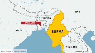 Karta över Burma och Bangladesh.