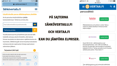 Kuvakaappaukset kahdelta eri sivustolta jossa voit vertailla sähköntoimittajien hintoja. Kuvassa näkyvät sivustot ovat vertaa.fi ja sähkövertailu.fi