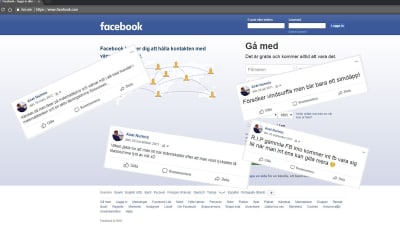 Skärmdump från facebooks inloggningssida och Axel Nurmios gamla statusar.