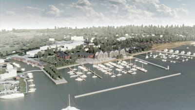 En skiss över det planerade bostadsområdet Ingåstrand. På skissen syns nya hus och båtbryggor.