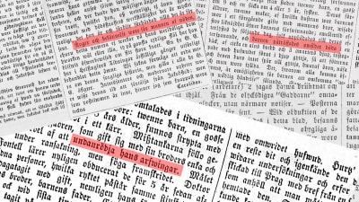 Gamla tidningsartiklar. Skrivna på gammal svenska med gamla bokstäver. 