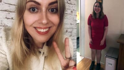 Två bilder på en kvinna med blont hår. Den vänstra är en selfie där hon ler och visar peace-tecken med ena handen. På den andra har hon på sig en röd klänning och skrattar. 