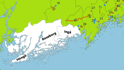 Karta baserad på NTM-centralens plan för vägarbeten, som visar att planer saknas i Raseborg, Hangö och Ingå.