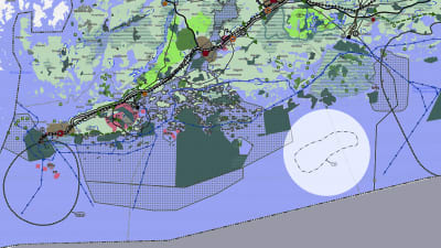 Karta som visar platsen för Nylands förbunds plan för vindkraftverk till havs.