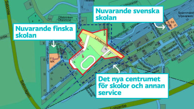 Karta som visar nuvarande svenska och finska skolan, samt det nya skol- och servicecentrumet i Svartå.