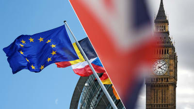En bild av EUs flagga och Storbritanniens flagga samt Big Ben. 
