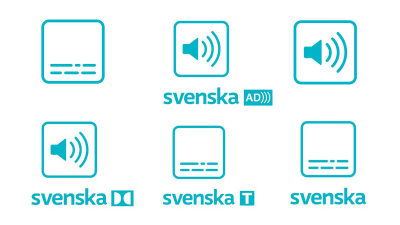 Samling av Yles symboler i program och på webben. I den övre raden symboler för syntolkning samt ljud- och språksymbolerna. I den nedre raden symbolen för Dolby 5.1-ljud, symbolen för svenska programtextning och svensk översättningstextning.