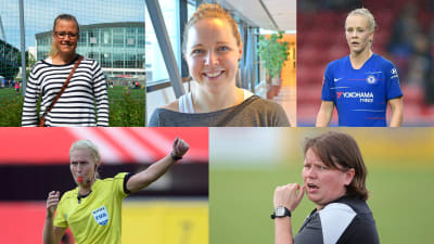 Yle Sportens experter vid dam-VM 2019: Jessica Lagerblom, Heidi Lindström, Adelina Engman, Lina Lehtovaara och Marianne Miettinen.