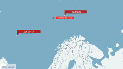 Karta över Norra Ishavet och Komsomolets förlisningsplats. 