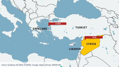 Karta över Grekland, Turkiet, Syrien och Libanon.