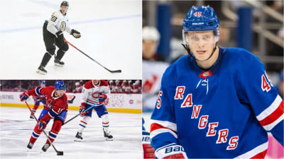 Bildkollage: Urho Vaakanainen (uppe till vänster), Jesperi Kotkaniemi (nere till vänster) och Kaapo Kakko (till höger) är unga finska hockeystjärnor.