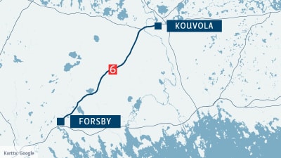 En karta som visar riksväg 6 mellan Forsby och Kouvola