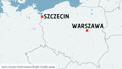 Karta över Polen med Szczecin och Warszawa utmärkta.