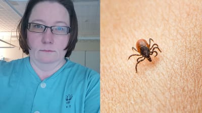 Bilden är tvådelad. Den första delen visar en kvinna i kort brunt hår, iklädd en pyamas från ett sjukhus. Hon står i ett rum i ett sjukhus. Den andra bilden visar en fästing i närbild. 