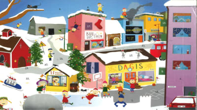 Julkalender. I bilden barn som leker ute i snön vid ett dagis. I bakgrunden syns olika byggnader, bland annat den ljusröda Buu-butiken. 