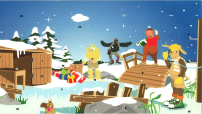 Julkalender. Tecknad från Bärtil. I bilden syns Bärtil, Isagris,Kråkan och Pudeln i ett vintrigt landskap. 