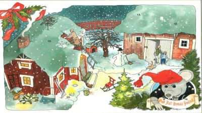 Julkalender. Plåstret o högra nedrehörnan. I bakgrunden två stugor i ett snöigt landskap. 