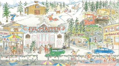 Julkalender. Julmappen. Bilden är ritad med färgpennor och där syns bland annat en stuga upp epå backen, en ljusröd saluhall, en karusell och människor som går förbi och vinkar åt varandra. 
