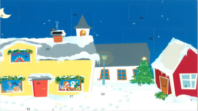 Julkalender. Ett snöigt landskap. Ett gult, vitt och rött hus. Inne i gula huset sitter Buu-stämpeln.