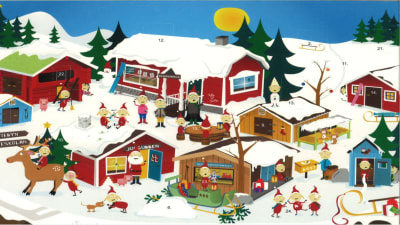 Julkalender 2007. Tomteby under vintern. Stugorna är täckta av snö och tomtarna leker ute på gården 