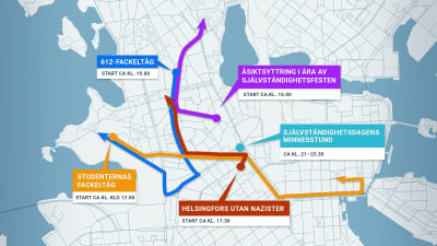 En grafisk karta över självständighetsdagens demonstrationer i Hfors.