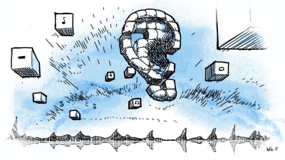 Abstrakt illustration av bitar som skapar ett öra samt ljudvågsgrafer