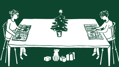 Bild på två personer på varsin sida om ett bord, föreställer en tråkig julafton