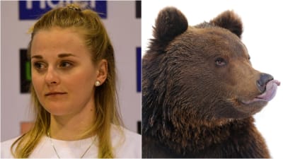 Stina Nilsson till vänster och en björn till höger.