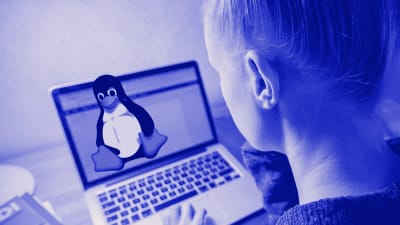 Kuvassa nuori ihminen kannettavalla tietokoneella. Ruudussa näkyy Linuxin pingviinilogoa. Kuvassa tekstit: Linux, Digitreenit ja Yle.fi/oppiminen.