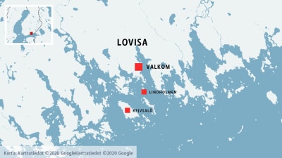 Karta som visar Lovisa, Valkom, Lindholmen och Kejvsalö