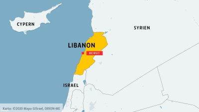 Karta över Libanon med grannländerna Syrien och Israel.
