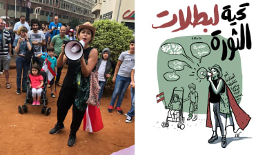 Kvinna talar i megafon på gatan i Beirut.
