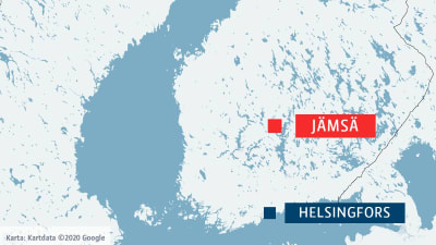 Karta där Jämsä och Helsingfors märkts ut.