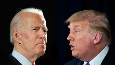 Collage med svart bakgrund på demokraternas presidentkandidat Joe Biden (till vänster) och republikanen, USA:s nuvarande president Donald Trump.