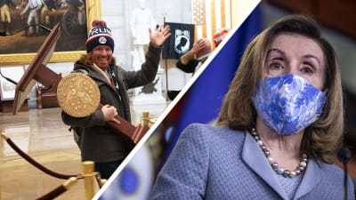 Ett bildcollage med en bild på en Trumpsupporter inne i Capitolium bärande på Nancy Pelosis talarstol och på Nancy Pelosi iförd munskydd.