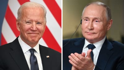 Ett bildmontage på USA:s president Joe Biden och Rysslands president Vladimir Putin.