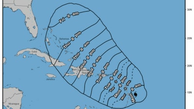 Uppskattning av orkanen Marias framfart, gjord av USA:s nationella hurrikancenter. 