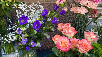 Bild på snittblommor. Rosa rosor och blåa blommor.