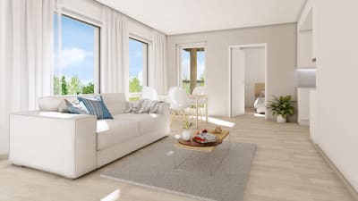 Illustration av en ljus lägenhet med ljusa möbler.