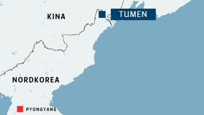 Karta över Nordkorea där floden Tumen och huvudstaden Pyangyang är utmärkt.