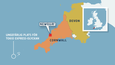 En karta över områdena Cornwall och Devon i södra Storbritannien, som även markerar platsen där containerfartyget Tokio Express förlorade sina containrar.
