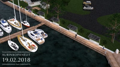 en dataanimerad bild av dalsbruks gästhamn med planerade solpaneler på taken