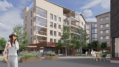 En illustration av ett bostadshus och människor utanför.